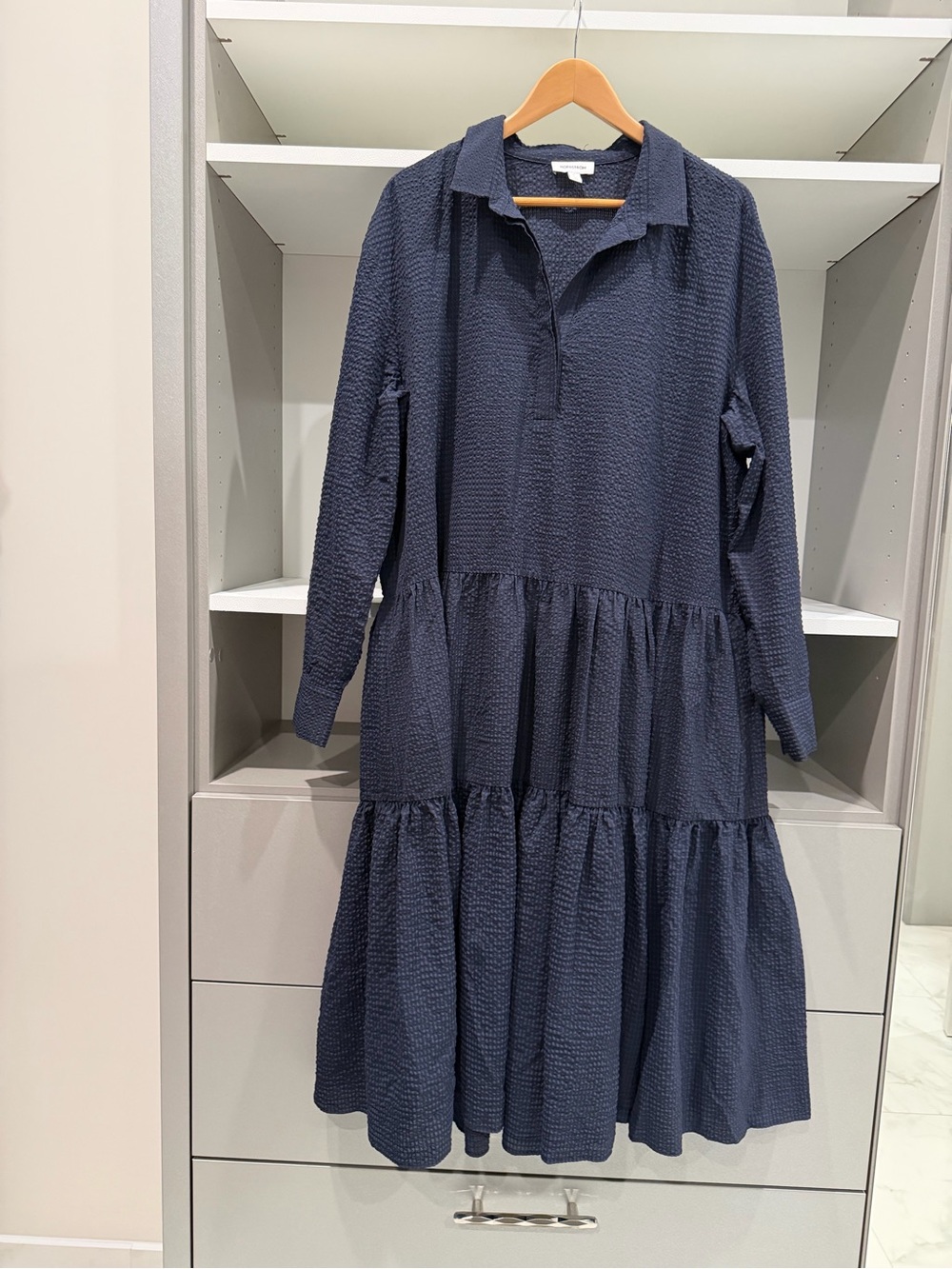 Nordstrom Navy Textured Tiered Long-Sleeve Shirt Dress
